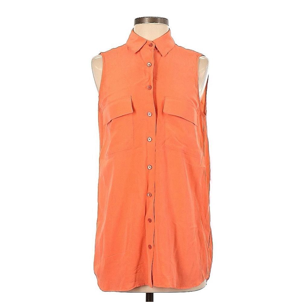 Equipment Femme Top Womens XS Orange Sleeveless Flap Pocket Blouse Collared